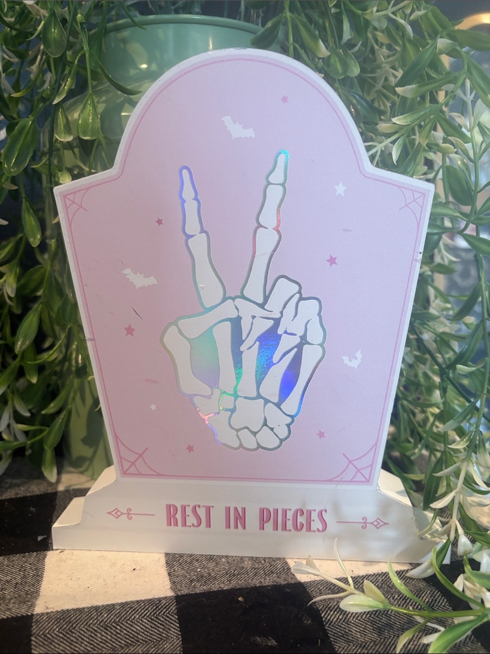 Pink 'Rest in Pieces' Holographic Skeleton Peace Sign Décor